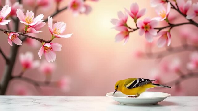 Spring mockup with blooming pink dogwood branches and yellow warbler bird on white ceramic surface, bokeh soft garden background