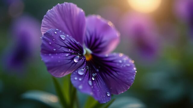 Purple pansy with water droplets blooming at golden sunrise, garden background, concept of floristry, gardening