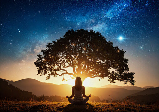 A woman meditating in a lotus position beneath a large tree at sunset, with the Milky Way and a star-filled sky above, creating a magical blend of nature, spirituality, and cosmic beauty