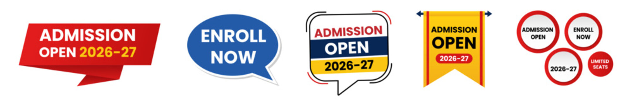 Admission open 2026 to 2027 design elements, enrollment banner, registration announcement and education promotion collection. School, college and university campaign, academic season graphic. Flat vec