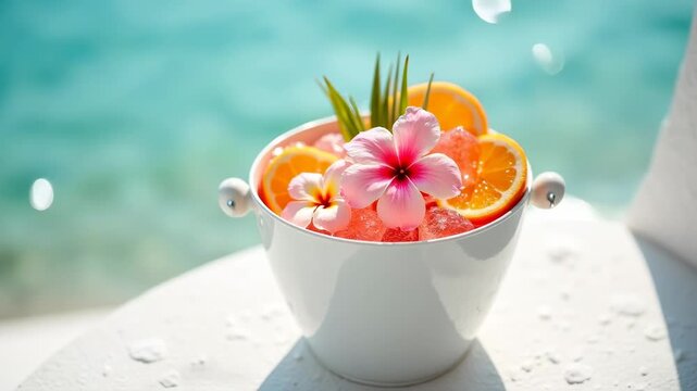 Pink hibiscus flowers and orange slices on crushed ice in stone bowl by turquoise pool, tropical summer refreshment, concept of travel, bar, resort hospital