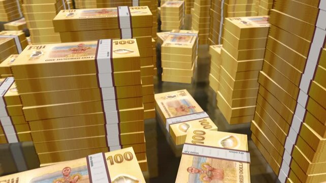 Fiji dollars Fijian money notes packs loop. 3D flight over 100 FJD banknotes stacks towers. Loopable seamless abstract background concept of business, economy crisis and finance.
