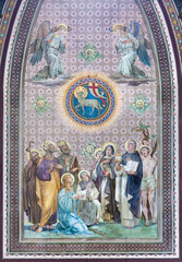 Naklejka premium MONZA, ITALY - MARCH 19, 2026: The fresco of Adoration of Lamb of God in the church Chiesa di San Carlo by Grandi from year 1925. 