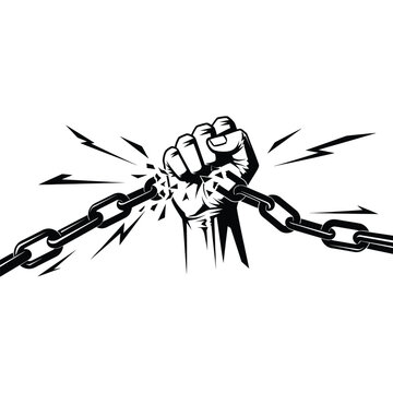 A powerful fist breaking free from a heavy chain with a burst of energy