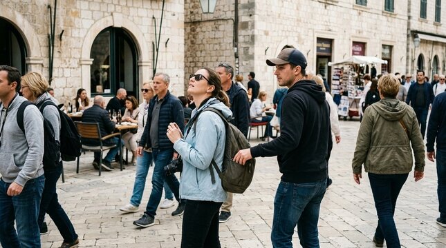 Busy European old town square with tourists walking and sightseeing, casual street scene with historic stone buildings, lively travel mood and everyday urban culture