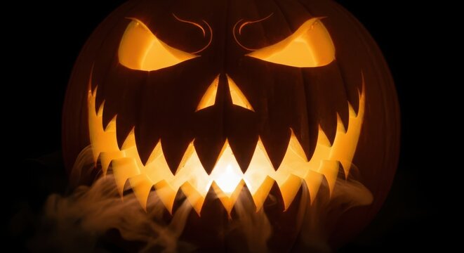 Closeup of a scary carved halloween pumpkin with glowing eyes and jagged teeth