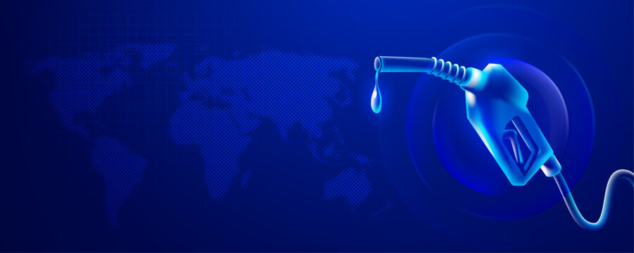 Glowing blue gas pump nozzle over digital world map background