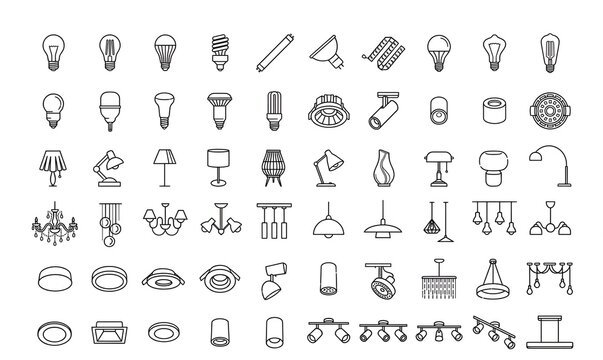 Light sources and fixtures icon set representing illumination