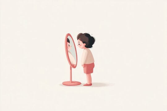 Child looks into mirror in simple room during daytime