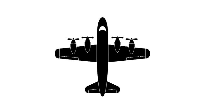 Vector illustration of black silhouette of a fourengine propeller airplane on a transparent background