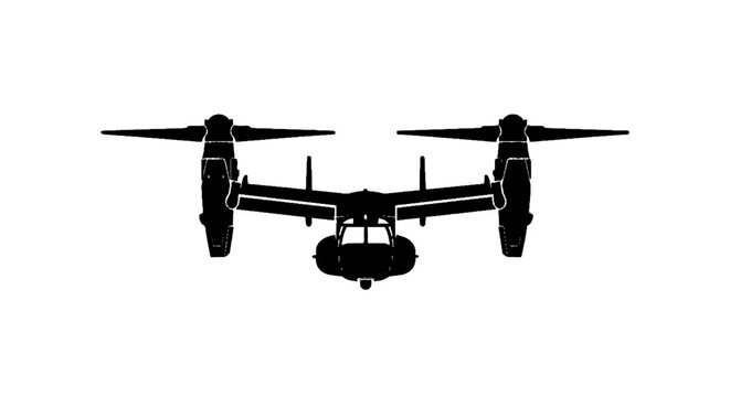 Vector illustration of silhouette of a v22 osprey tiltrotor military aircraft on a transparent background