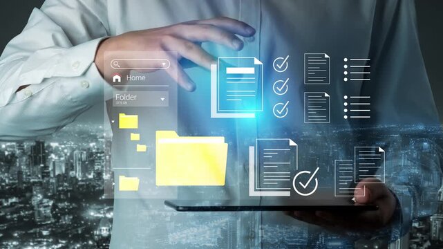 Businessman Holding Digital Tablet with Data Management Icons in Urban Night Background for Technology and Innovation Themes Gluon.