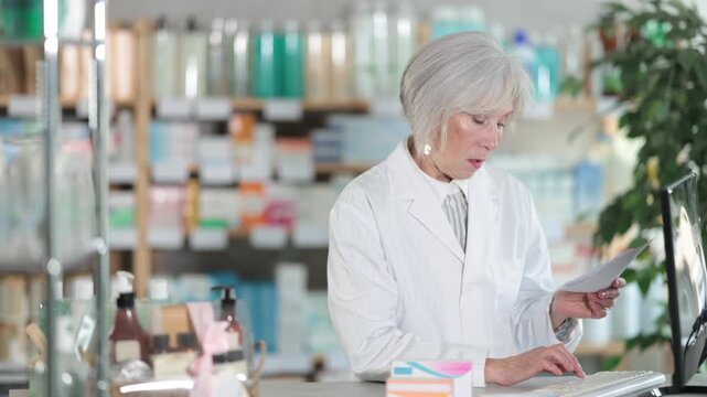  Elderly female pharmacist working with computer in pharmacy 