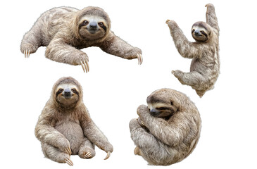 Fototapeta premium Adorable collection of four baby sloths posing, crawling, and hanging with unique expressions on a transparent.