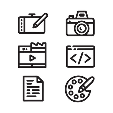 Minimalist creative agency icons set, black line art digital design symbols, professional multimedia production and web development vector elements