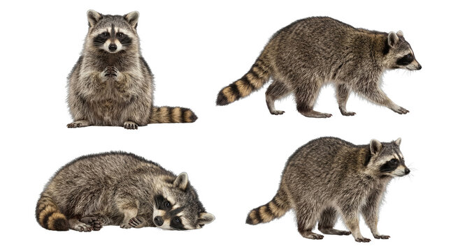 Four distinct raccoons captured in various natural poses, including sitting, walking, and resting.