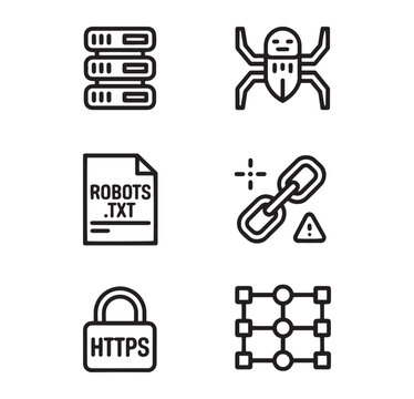 SEO search engine optimization icon set, web crawler and robots.txt file symbols, cybersecurity https padlock and broken link icons, 6 vector elements