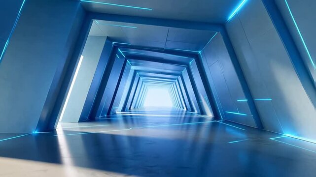 Blue neon tunnel with geometric design