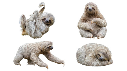 Obraz premium A charming series of four baby sloths in different, engaging poses, including hanging and sleeping.