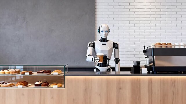 Robot serving coffee in a bakery