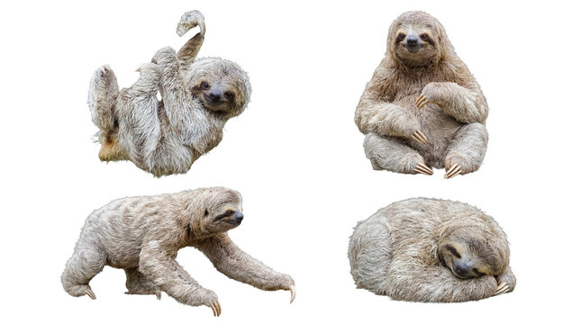 A charming series of four baby sloths in different, engaging poses, including hanging and sleeping.