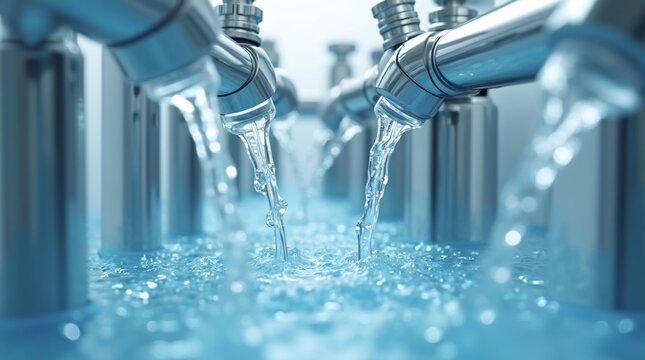 Clean water flowing through industrial pipe system