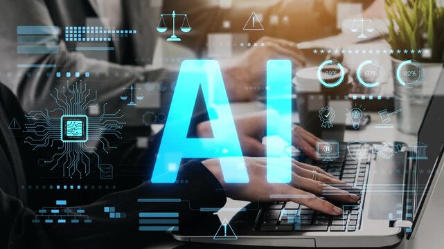 AI circuit microchip with glowing blue lines, surrounded by legal scales, warning symbols, data sheets, and binary codes, representing ethical AI, AI governance, and data integrity Marrow