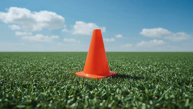 Bright orange traffic cone on green grass field under clear blue sky with fluffy white clouds