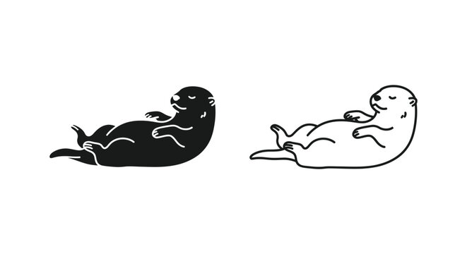 Minimalist sea otter vector icons, cute sleeping otter silhouette and line art set, black and white aquatic animal character for logo design