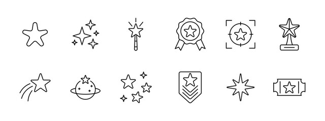 Obraz premium Rating achievement star set icon. Star sparkle wand badge target trophy shooting planet shield burst ticket depict award quality favorite symbol.