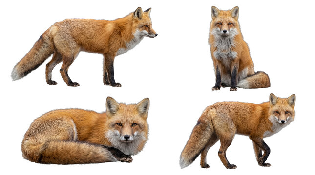 Four elegant red foxes in various natural poses, isolated on a transparent background, showcasing their stunning coats.