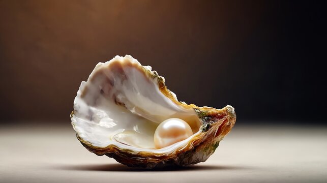 Open oyster shell displaying a lustrous pearl inside, set against a softly lit background emphasizing the natural beauty of the shell and pearl