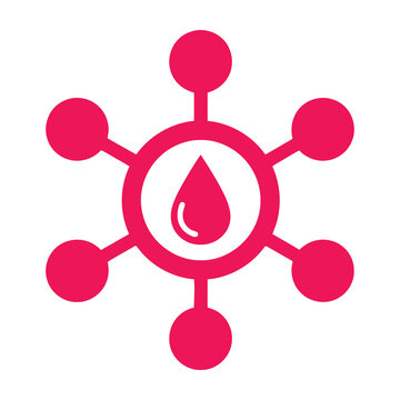Blood Donation Center Symbol Featuring a Red Drop Icon Connected to Molecular Science Network Nodes