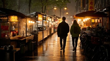 Obraz premium Couple walking through illuminated street food market at night, with food stalls and bicycles visible along the wet pavement reflecting lights