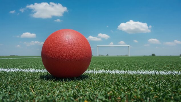 Red kickball on green turf field with white goal under blue sky and clouds on a sunny summer day