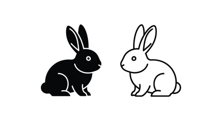 Fototapeta premium Minimalist rabbit icons in black and white, cute bunny vector silhouettes, simple line art animal symbols for logo design and Easter branding