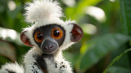 Fototapeta premium Close-up of a curious black and white lemur with large orange eyes, featuring a fluffy white tuft on its head, surrounded by lush green foliage in a natural habitat