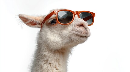 Fototapeta premium Llama wearing orange sunglasses poses against a white background, showcasing its unique features and playful expression in a close-up portrait