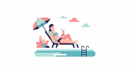 Obraz premium Woman relaxing on a lounge chair by the pool with an umbrella and drink.