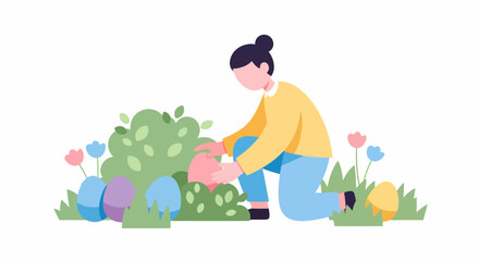 Fototapeta premium Woman watering plants and finding easter eggs in garden.