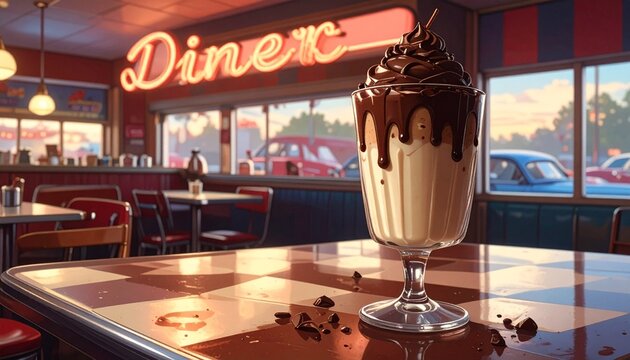 Vintage: A 1950s style photo of a diner setting serving chocolate custard in a parfait glass.
