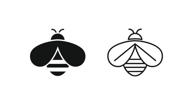 Minimalist bee icons in solid and outline styles, honey bee vector symbols for organic branding, black and white bumblebee graphics for logo design
