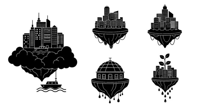Vector illustration of set of floating islands with modern city buildings and urban architecture silhouettes on a transparent background