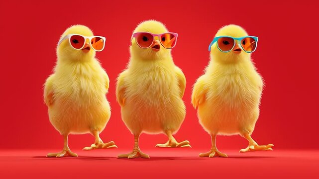 Three funny yellow chicks wearing sunglasses dancing on red background