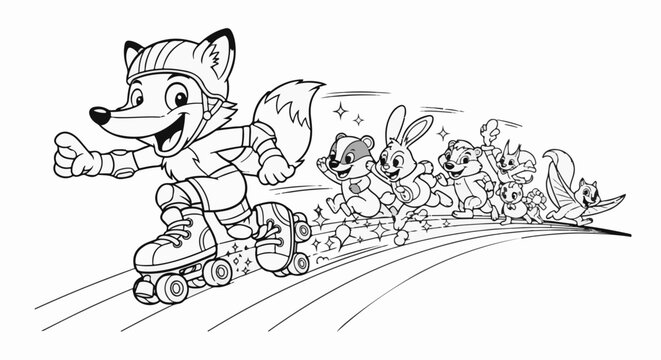 A group of cartoon animals roller skating down a track together