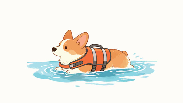 Cute Illustration of a Pembroke Welsh Corgi Wearing an Orange Life Vest Swimming in Gentle Blue Water Against a Plain Soft White Background