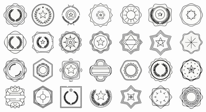 A collection of varied decorative circular and polygonal emblems and badges