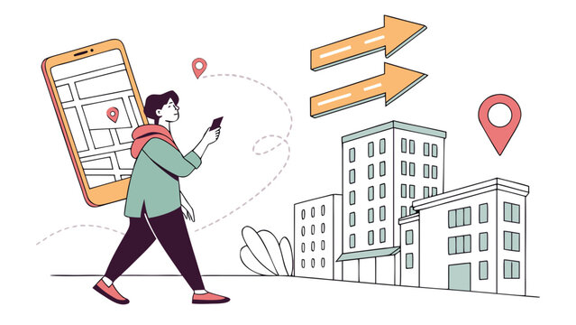 Person using smartphone with augmented reality navigation in city environment showing directions pins and route guidance overlay