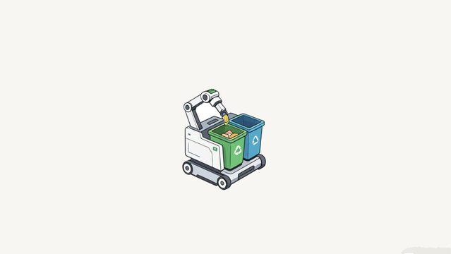 Isometric Illustration of an Autonomous Mobile Sorting Robot Performing Automated Garbage Classification and Recycling Work Against a Plain Neutral Background