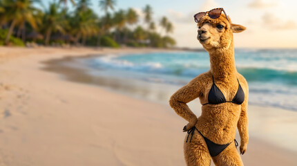 Fototapeta premium Funny alpaca in black bikini and sunglasses posing on tropical beach with copy space